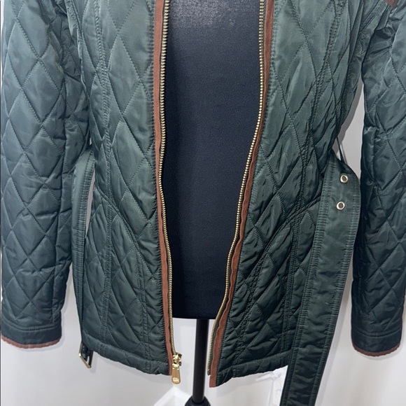 Green Quilted Utility Jacket with Brown Trim - Picture 3 of 9